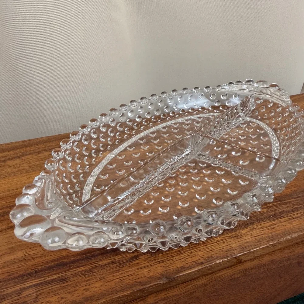 Vintage Duncan Miller Clear Hobnail Glass Divided Relish Dish Serving Tray